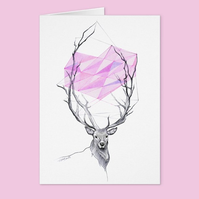 Carte de dessin de coeur géométrique rose et cerf (Créateur téléchargé)