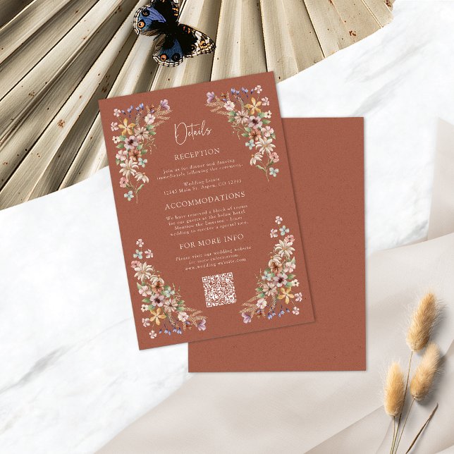 Carte de détail Boho Terracotta (Boho Terracotta Floral Details Enclosure Card QR Code by Painted Paperie
)