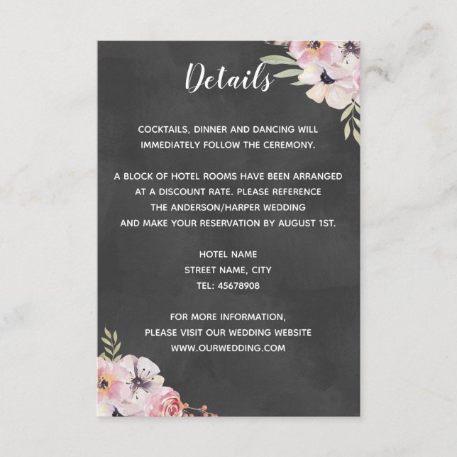 Carte de détail de mariage Boho Floral Chalkboard (Devant)