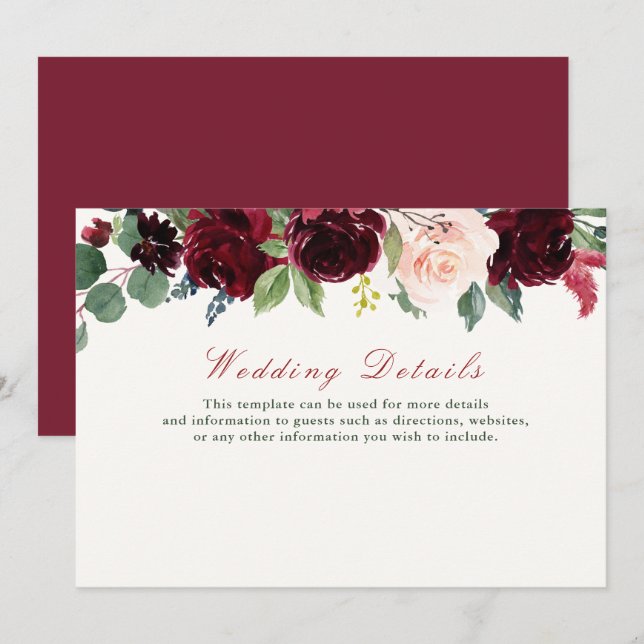 carte de détails de la mariage à fleurs bordeaux (Devant / Derrière)