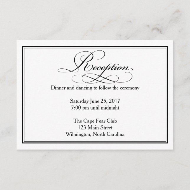 Carte de détails de la réception de mariage noir e (Devant)