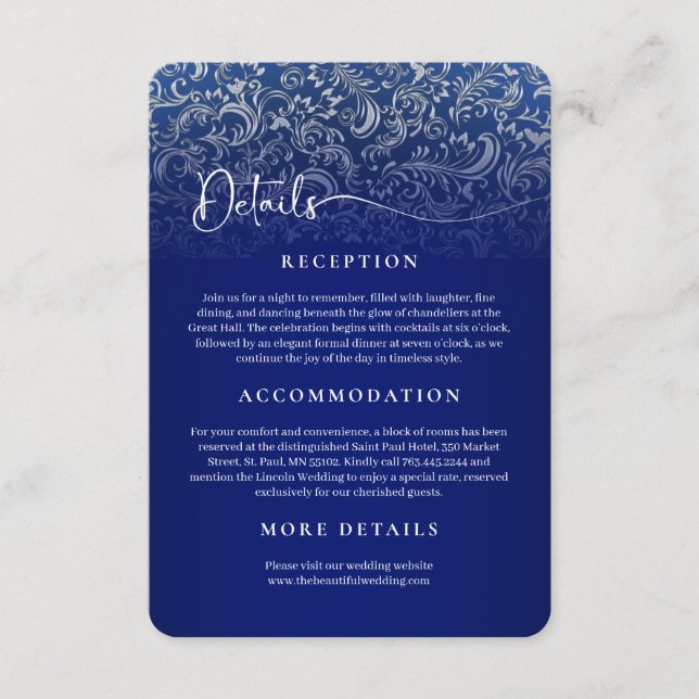 Carte de détails de la réception Navy Blue Mariage (Devant)