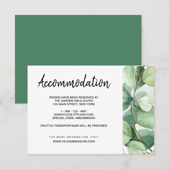 Carte de détails de l'hébergement mariage Eucalypt (Devant / Derrière)