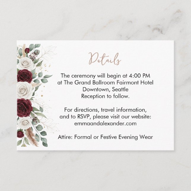Carte de détails de mariage à fleurs dorées et ros (Devant)