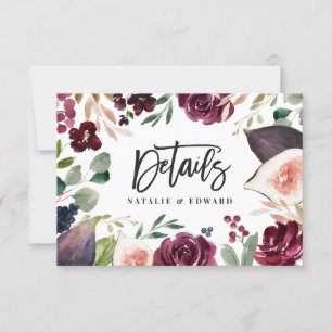 Carte de détails de mariage à fleurs rose, bordeau