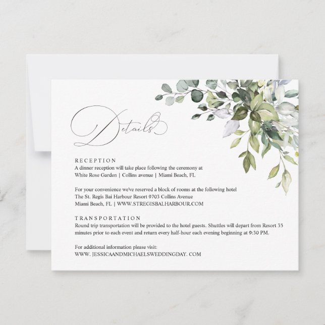 Carte de détails de mariage aux feuilles d'eucalyp (Devant)