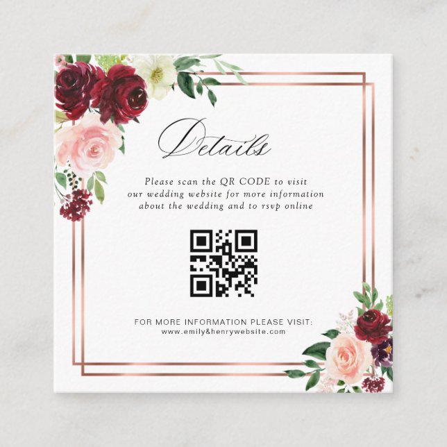 carte de détails de mariage avec code QR bordeaux  (Devant)