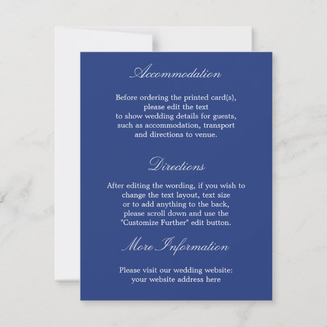 Carte de détails de mariage bleu foncé élégante et (Devant)