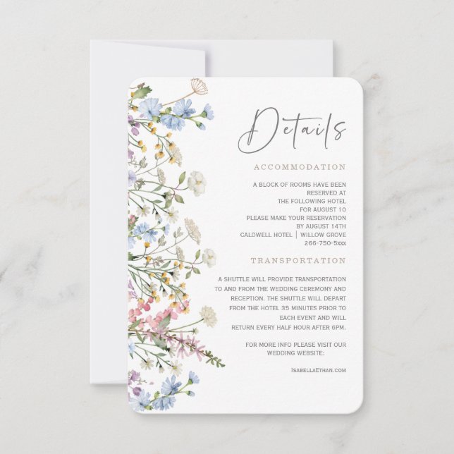 Carte de détails de mariage bohème aux fleurs sauv (Devant)