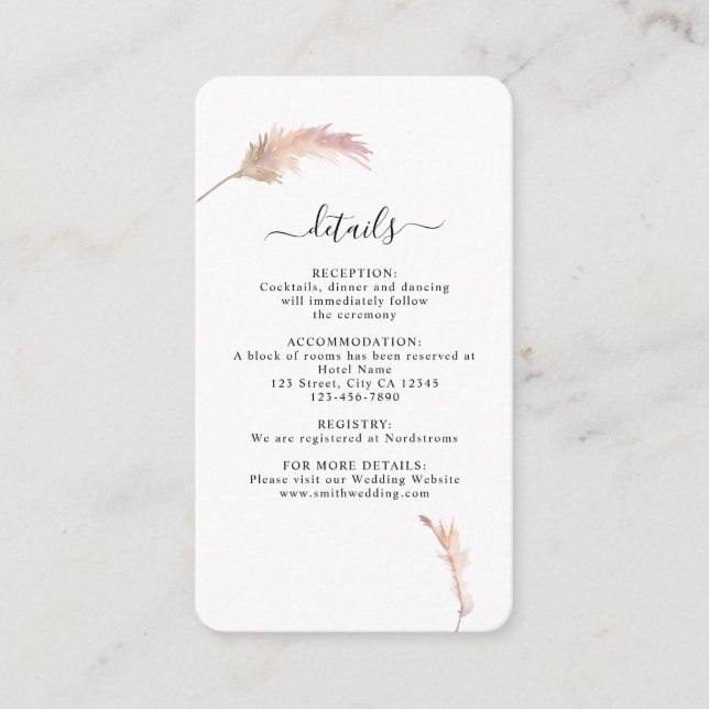 Carte de détails de mariage bohème avec herbe de p (Devant)
