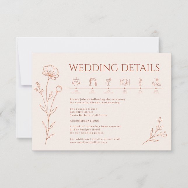 Carte de détails de mariage bohème en terre cuite (Devant)