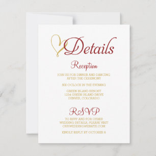 Carte de détails de mariage Claret Gold Heart