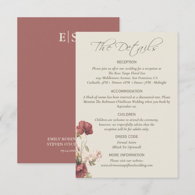 Carte de détails de mariage élégante aux fleurs de (Devant / Derrière)