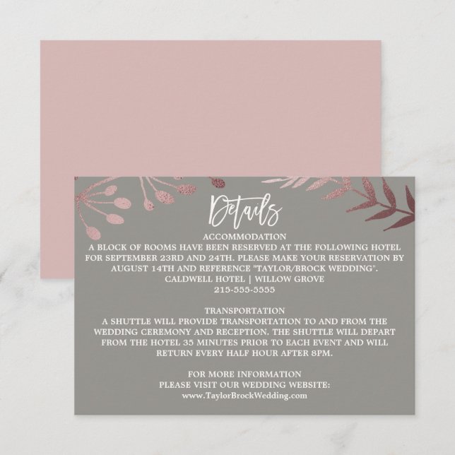 Carte de détails de mariage élégante rose gold et  (Devant / Derrière)