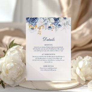 Carte de détails de mariage floral bleu et or