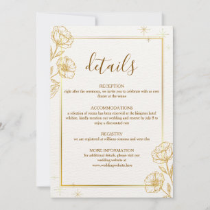 Carte de détails de mariage florale élégante en or