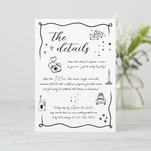 Carte de détails de mariage Fun Doodle dessinée à  (Debout devant)