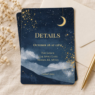 Carte de détails de mariage Lune Céleste Navy Or