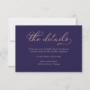Carte de détails de mariage Navy Blue Rose Gold Sc