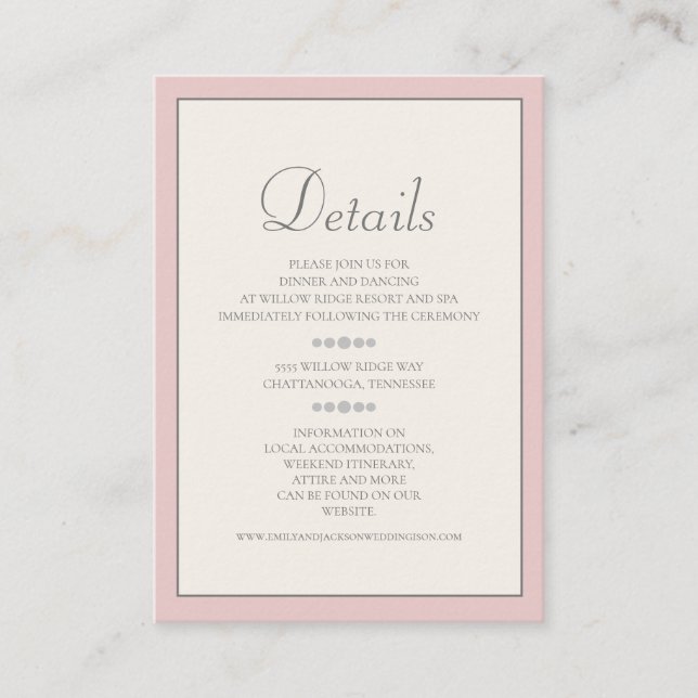Carte de détails de mariage rose et crème Soft Blu (Devant)