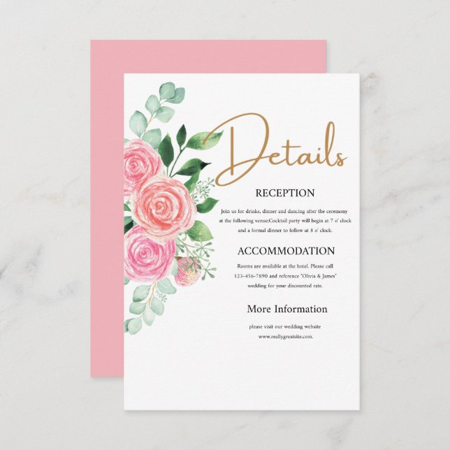 Carte de détails de mariage Roses et Eucalyptus  (Devant / Derrière)