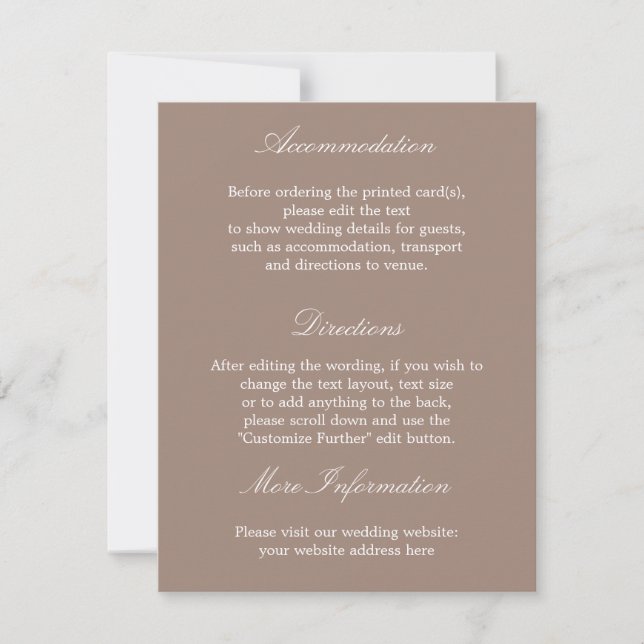 Carte de détails de mariage taupe élégant et stylé (Devant)