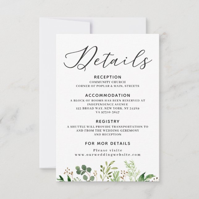 Carte de détails de mariage verdure (Devant)