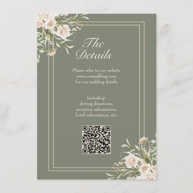 Carte de détails de mariage vert sauge – Code QR é (Devant)