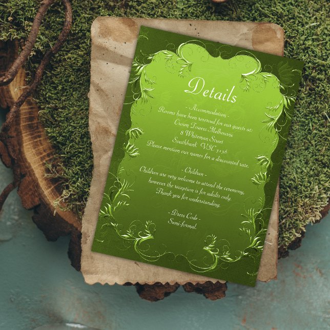 Carte de détails de mariage vert vibrant ornementa (Créateur téléchargé)