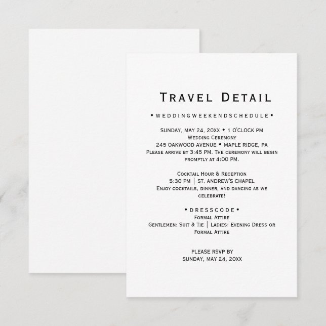 Carte de détails de voyage pour mariage de destina (Devant / Derrière)
