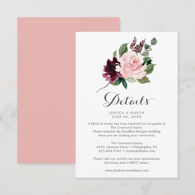 Carte de détails du Mariage Blush Burgundy (Devant / Derrière)