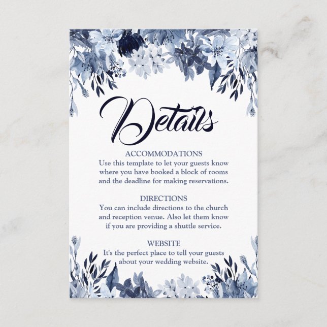 Carte de détails du Mariage de fleurs bleu foncé (Devant)