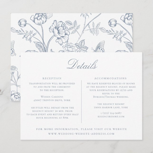 Carte de détails du Mariage de fleurs bleu foncé (Devant / Derrière)