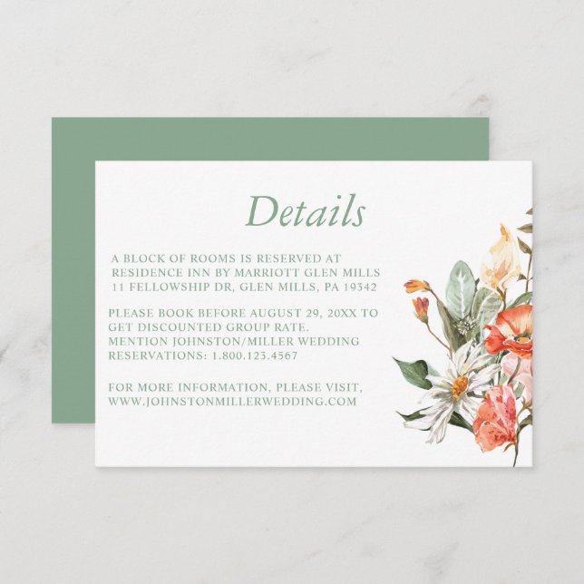 Carte de détails du Mariage de fleurs rose corail  (Devant / Derrière)