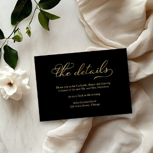 Carte de détails du Mariage de script Black Gold