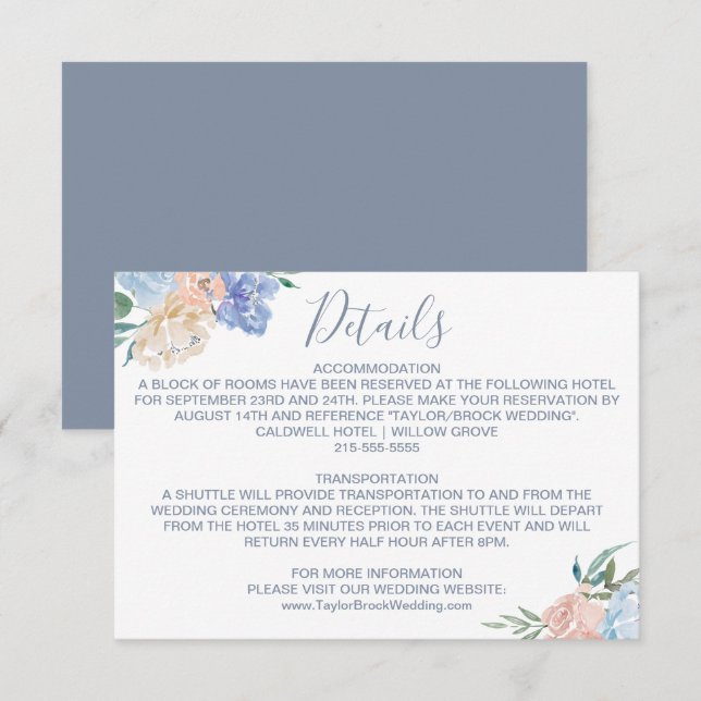 Carte de détails du Mariage Dusty Blue Florals (Devant / Derrière)