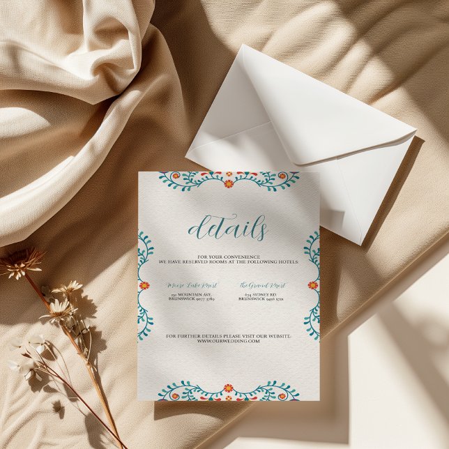 Carte de détails du Mariage Floral Fiesta mexicain (Mexican Fiesta Floral Wedding Details Card)