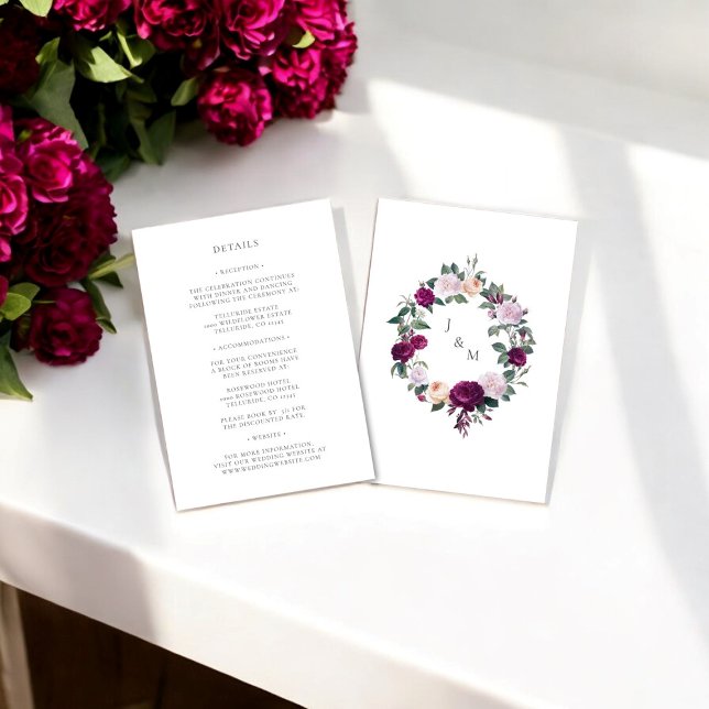 Carte de détails du mariage Floral monogramme bord (burgundy floral wedding invitation , the knot , details card )