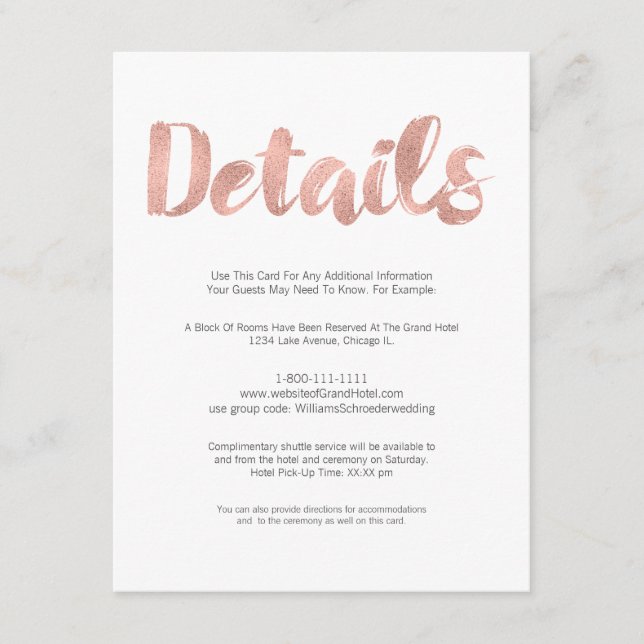 Carte de détails du Mariage Modern Rose Gold Love (Devant)