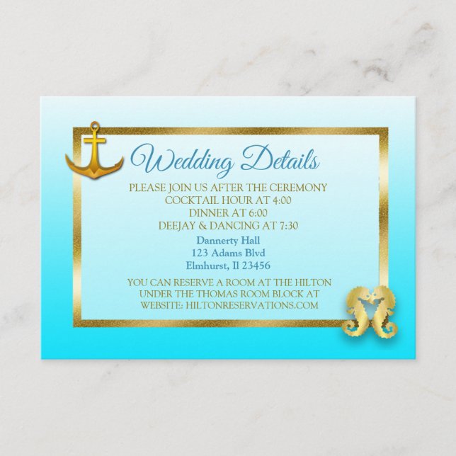 Carte de détails du Mariage nautique bleu et or (Devant)