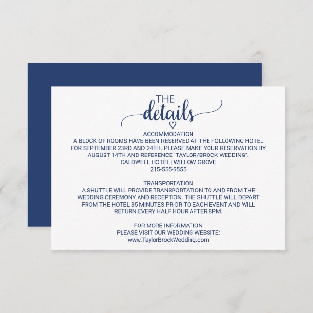 Carte de détails du Mariage Navy Blue Simple Calli (Devant / Derrière)