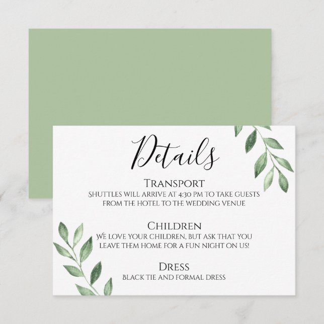 Carte de détails du Mariage Olive Greenery (Devant / Derrière)