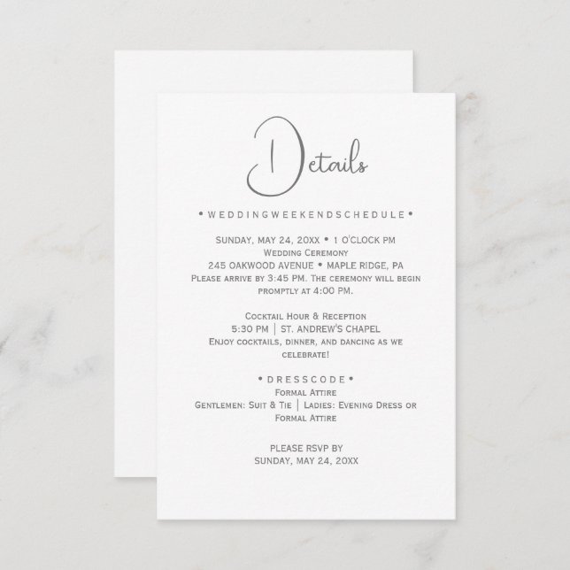 Carte de détails du Mariage Silver Calligraphy (Devant / Derrière)