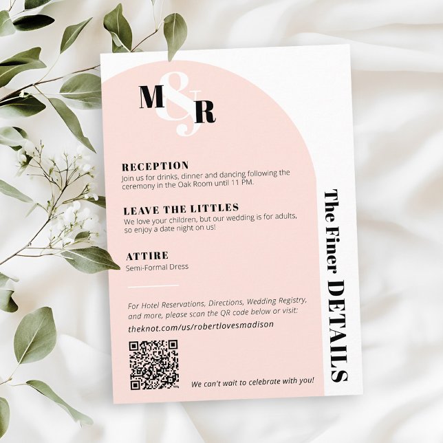 Carte de détails Mariage Arch Pink (Blush pink black and white ampersand monogram arch wedding invitation The Finer Details Card QR Code)