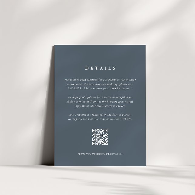 Carte de détails Mariage bleu ardoise avec code QR (Créateur téléchargé)