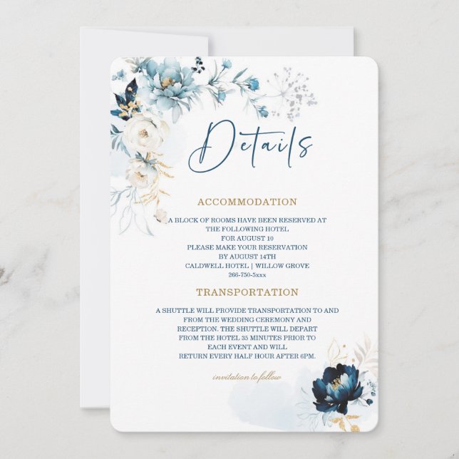 Carte de détails Mariage bleu et or Marine (Devant)