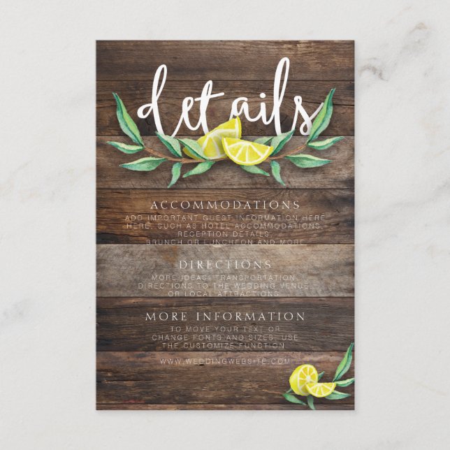 CARTE DE DÉTAILS | Mariage citron en bois rustique (Devant)