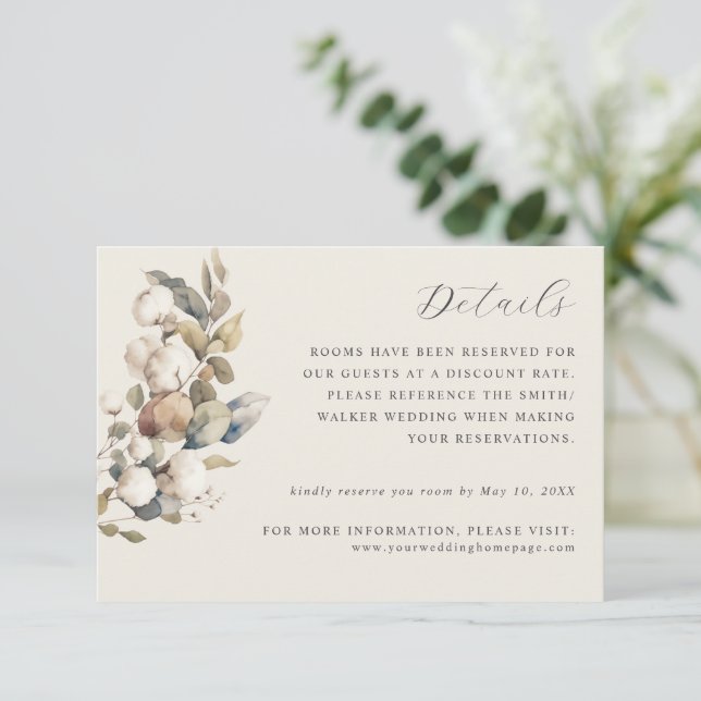 Carte de détails mariage Cotton & Eucalyptus (Debout devant)