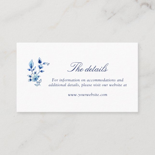 Carte de détails mariage Delft bleu et blanc (Devant)
