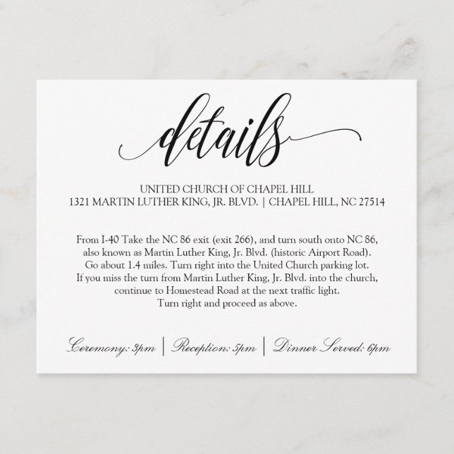 Carte de détails mariage | Luxe Calligraphie (Noir (Devant)